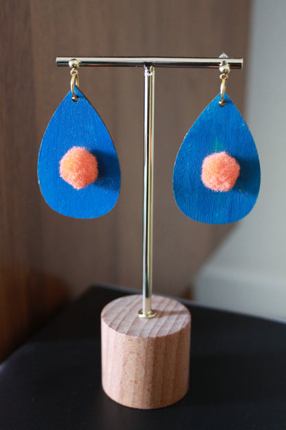 Blue with Orange Pom Pom Teardrop Earrings