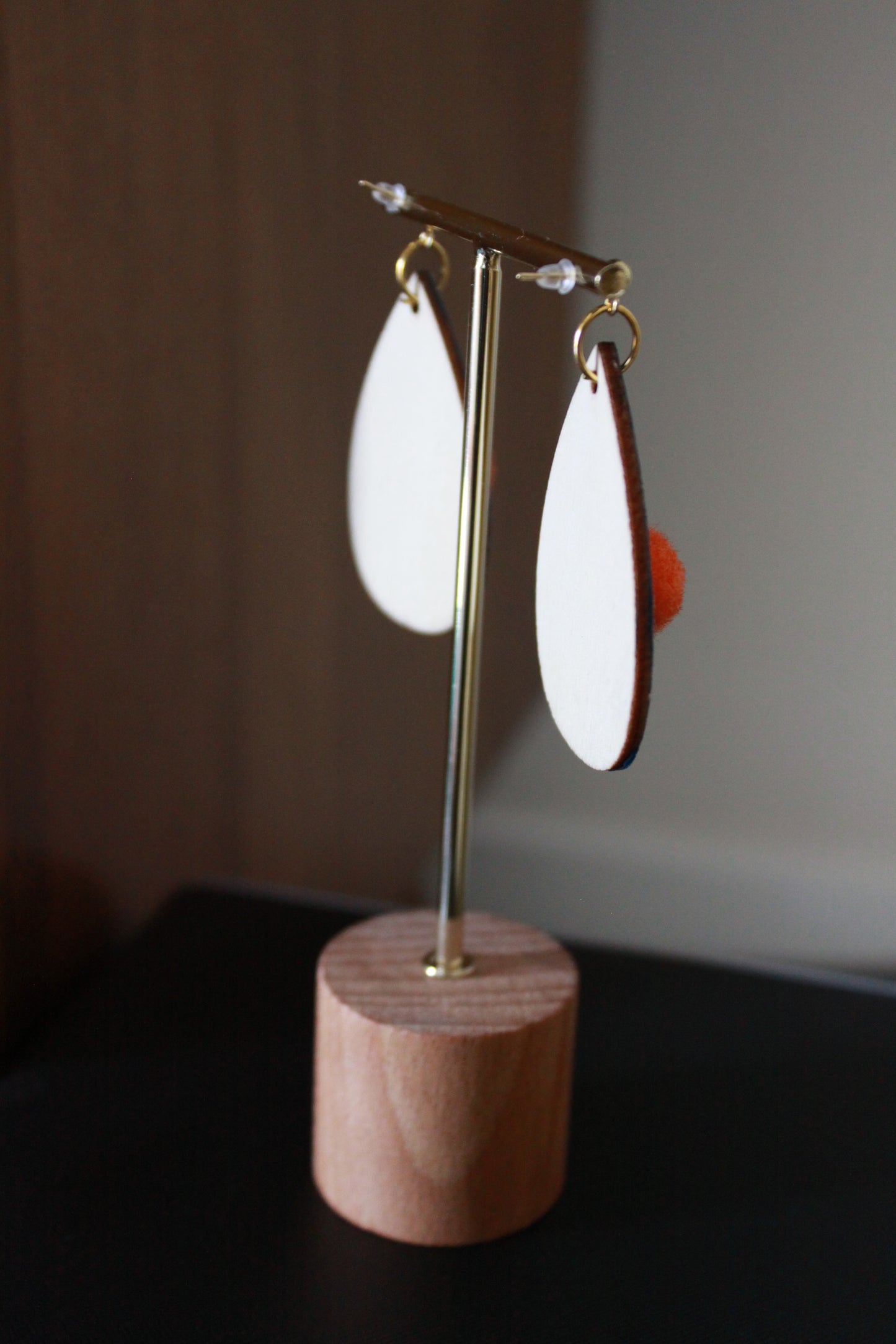 Blue with Orange Pom Pom Teardrop Earrings