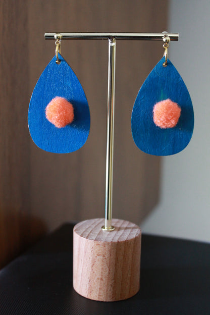 Blue with Orange Pom Pom Teardrop Earrings