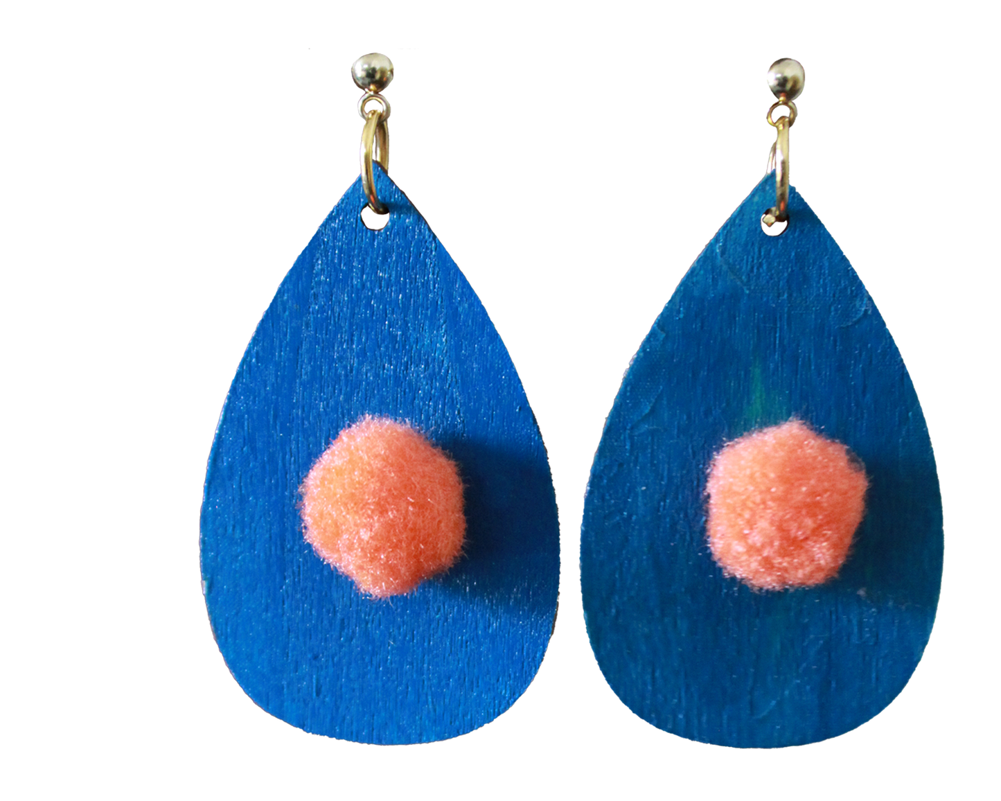 Blue with Orange Pom Pom Teardrop Earrings