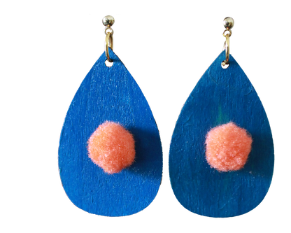 Blue with Orange Pom Pom Teardrop Earrings