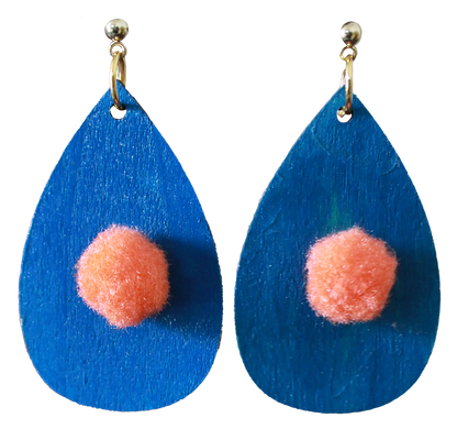 Blue with Orange Pom Pom Teardrop Earrings