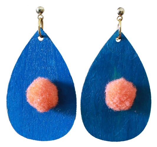 Blue with Orange Pom Pom Teardrop Earrings