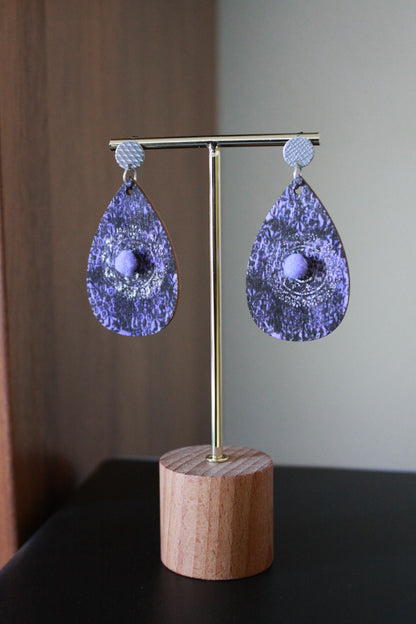 Purple with Silver Stencil and Lilac Pom Pom Teardrop Earrings