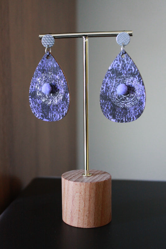 Purple with Silver Stencil and Lilac Pom Pom Teardrop Earrings