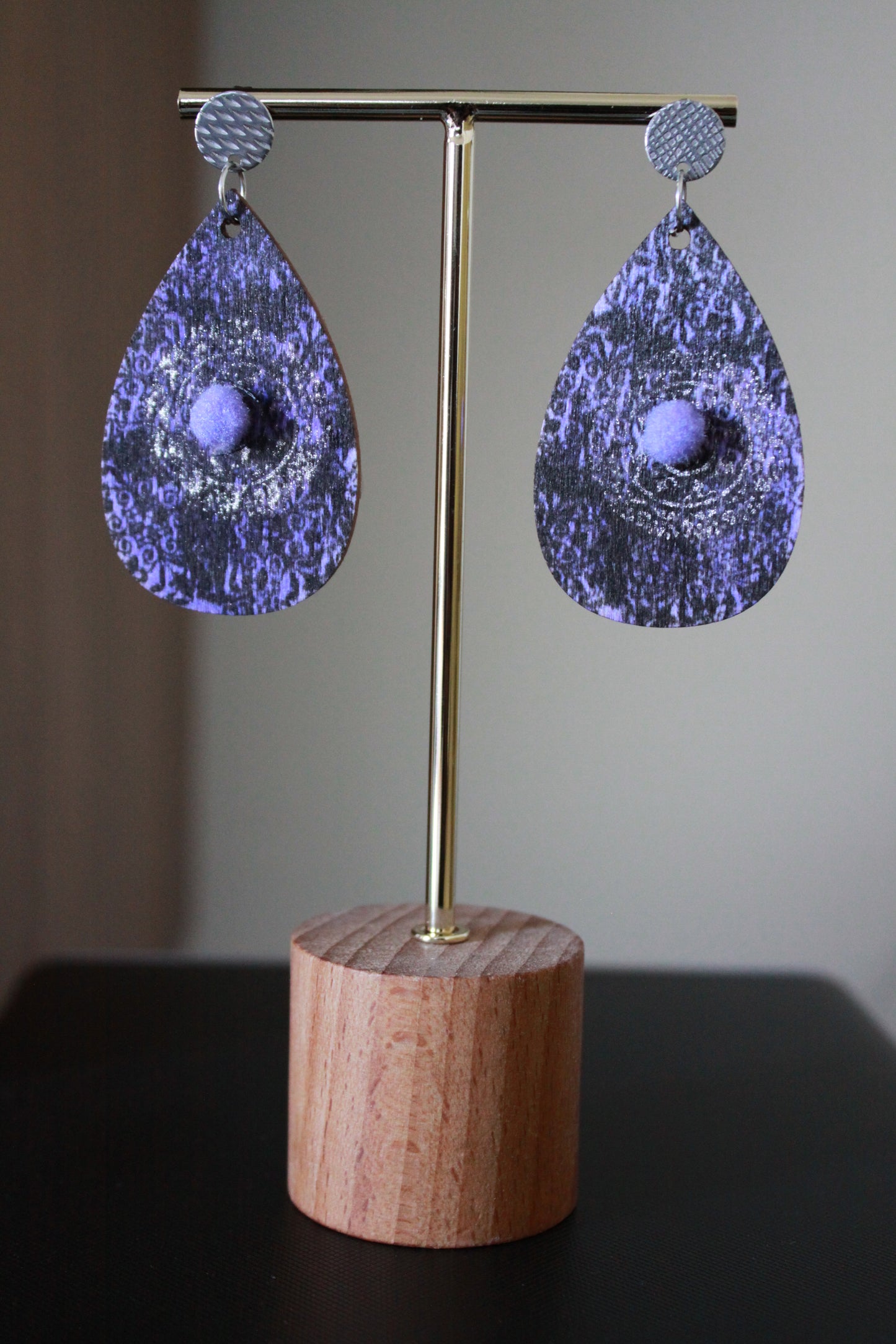 Purple with Silver Stencil and Lilac Pom Pom Teardrop Earrings