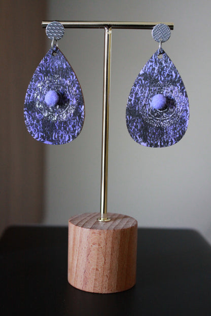 Purple with Silver Stencil and Lilac Pom Pom Teardrop Earrings