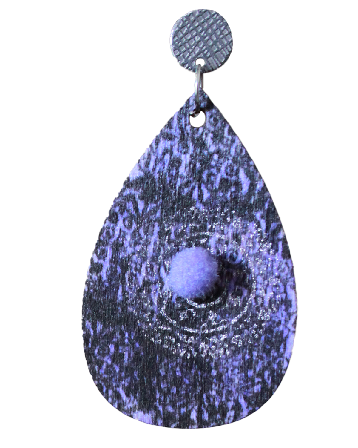 Purple with Silver Stencil and Lilac Pom Pom Teardrop Earrings