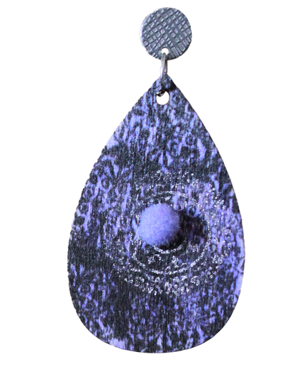 Purple with Silver Stencil and Lilac Pom Pom Teardrop Earrings