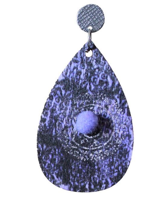 Purple with Silver Stencil and Lilac Pom Pom Teardrop Earrings