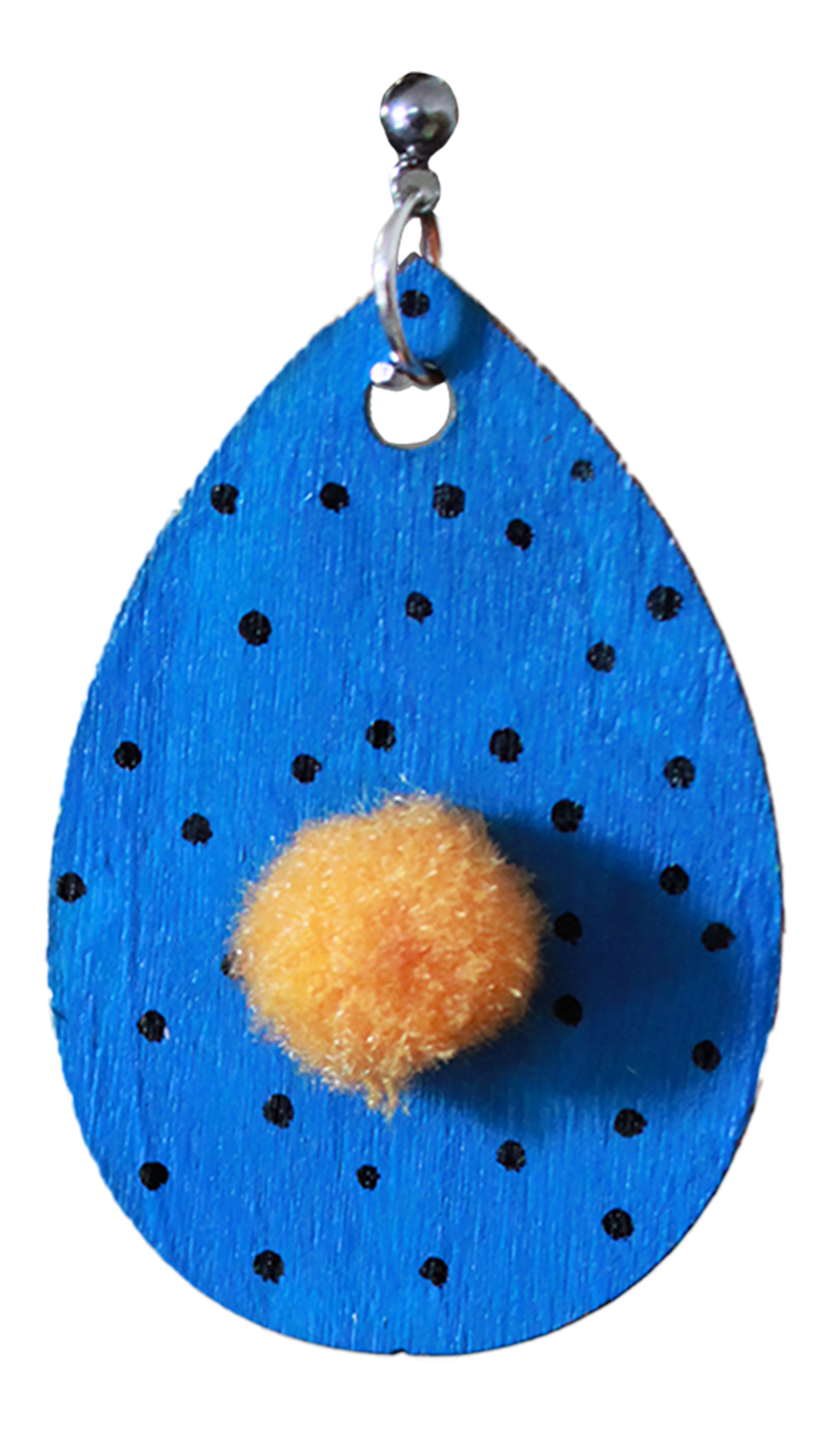 Blue with Black Polka Dots and Yellowish-Orange Pom Pom Teardrop Earrings
