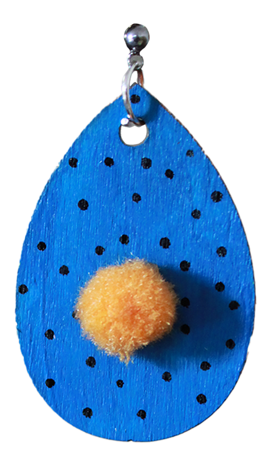 Blue with Black Polka Dots and Yellowish-Orange Pom Pom Teardrop Earrings