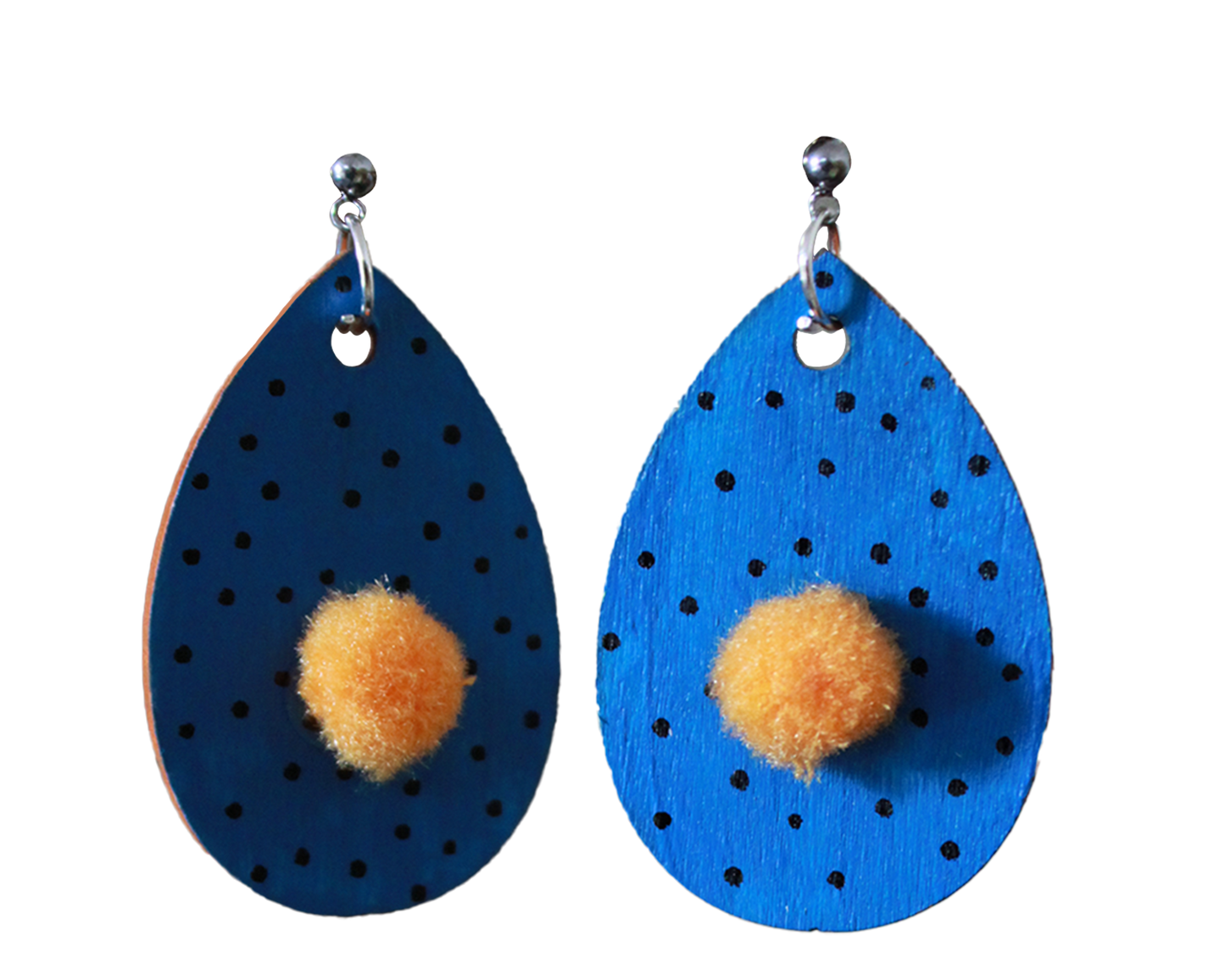 Blue with Black Polka Dots and Yellowish-Orange Pom Pom Teardrop Earrings