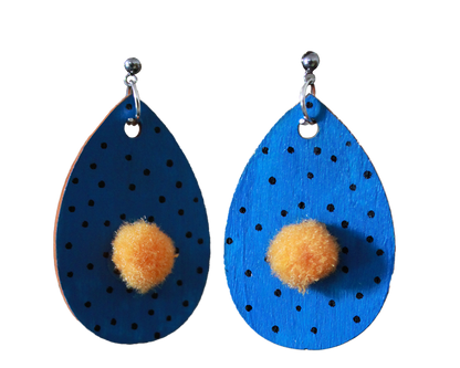 Blue with Black Polka Dots and Yellowish-Orange Pom Pom Teardrop Earrings