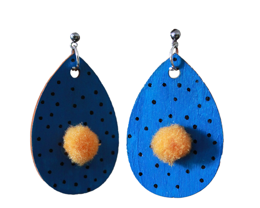 Blue with Black Polka Dots and Yellowish-Orange Pom Pom Teardrop Earrings