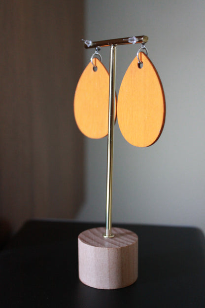 Blue with Black Polka Dots and Yellowish-Orange Pom Pom Teardrop Earrings