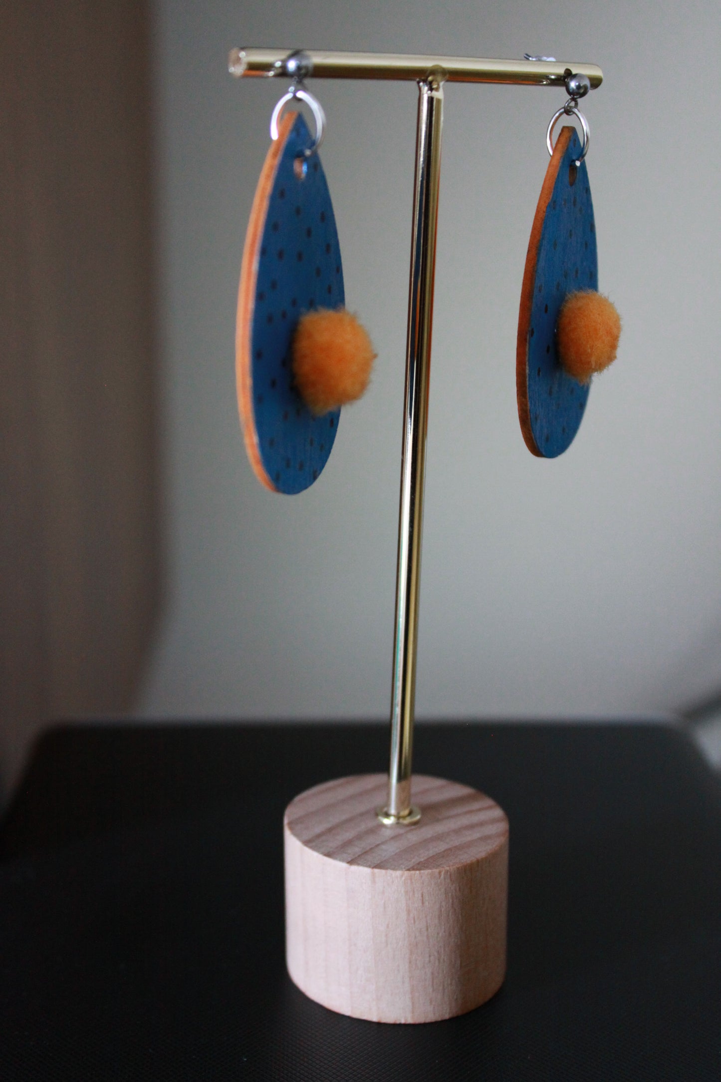 Blue with Black Polka Dots and Yellowish-Orange Pom Pom Teardrop Earrings