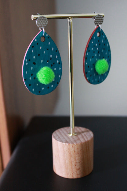 Teal with B&W Polka Dots and Green Pom Pom Teardrop Earrings