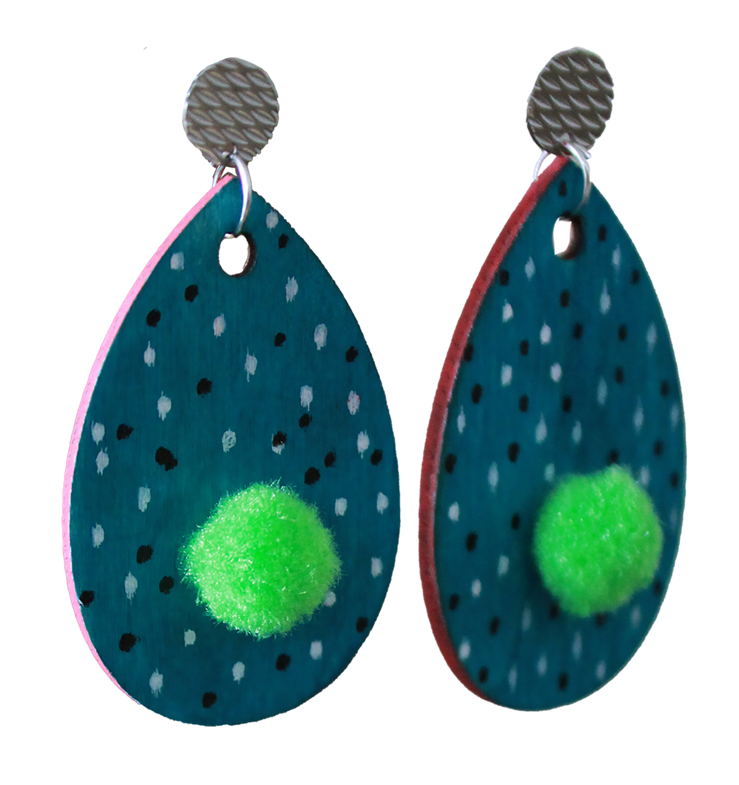 Teal with B&W Polka Dots and Green Pom Pom Teardrop Earrings
