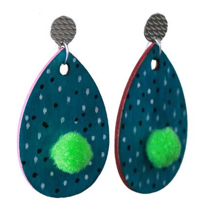 Teal with B&W Polka Dots and Green Pom Pom Teardrop Earrings