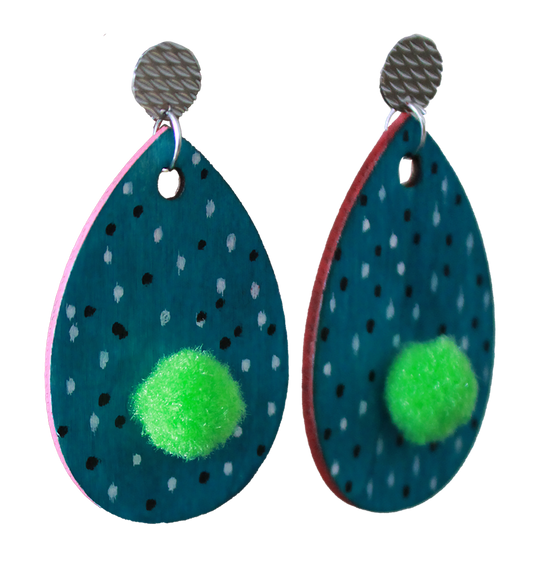 Teal with B&W Polka Dots and Green Pom Pom Teardrop Earrings