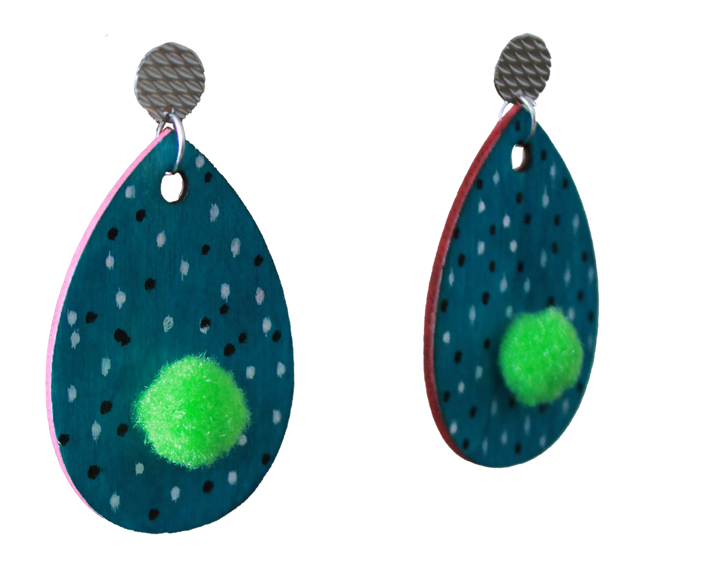 Teal with B&W Polka Dots and Green Pom Pom Teardrop Earrings