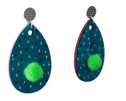 Teal with B&W Polka Dots and Green Pom Pom Teardrop Earrings