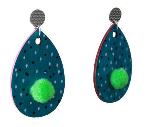 Teal with B&W Polka Dots and Green Pom Pom Teardrop Earrings