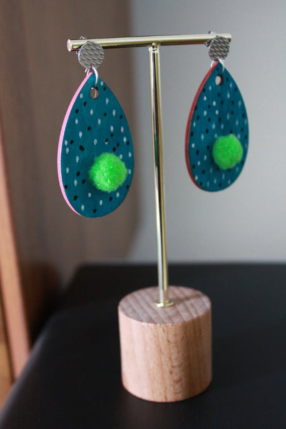 Teal with B&W Polka Dots and Green Pom Pom Teardrop Earrings