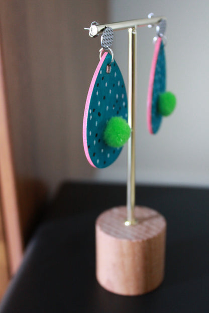 Teal with B&W Polka Dots and Green Pom Pom Teardrop Earrings