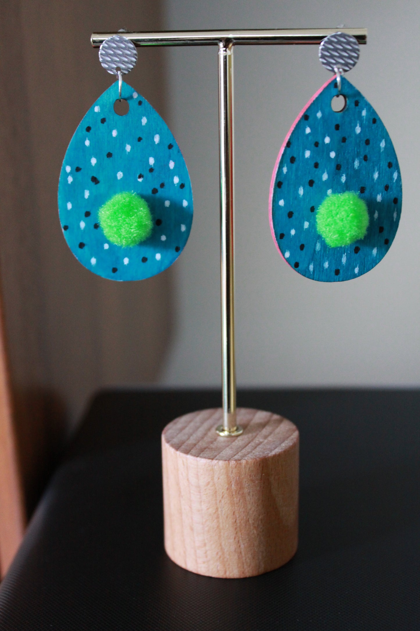 Teal with B&W Polka Dots and Green Pom Pom Teardrop Earrings