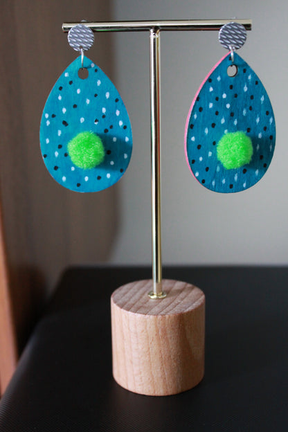 Teal with B&W Polka Dots and Green Pom Pom Teardrop Earrings