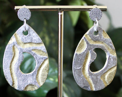 Rustic Gold Silver Carved Wood Teardrop Earrings