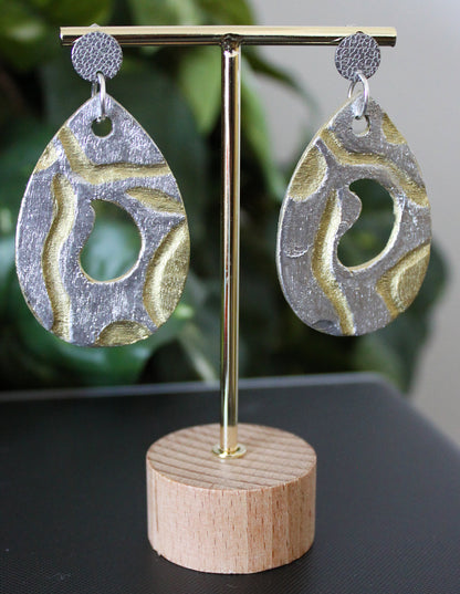 Rustic Gold Silver Carved Wood Teardrop Earrings