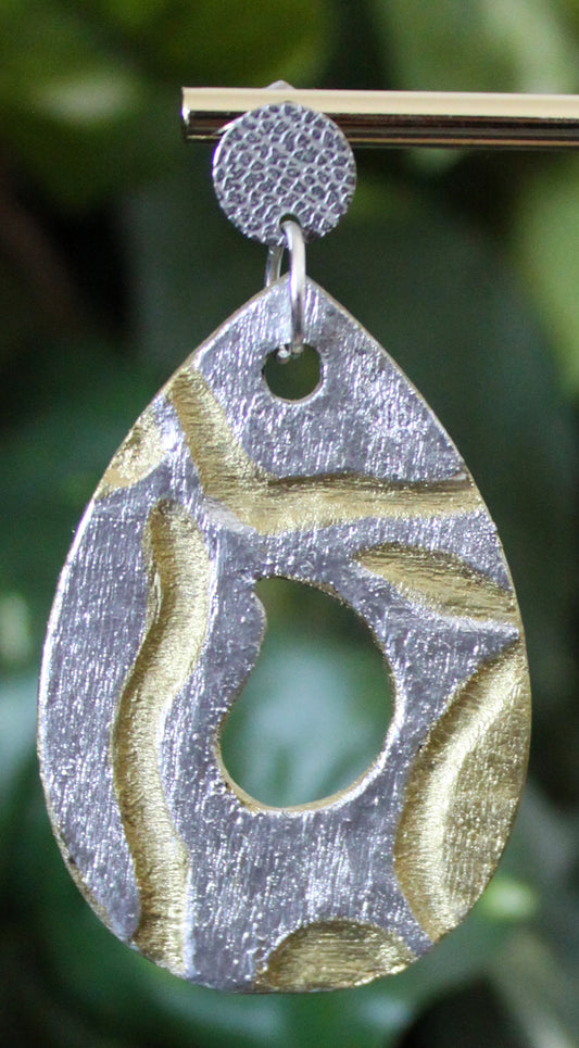 Rustic Gold Silver Carved Wood Teardrop Earrings