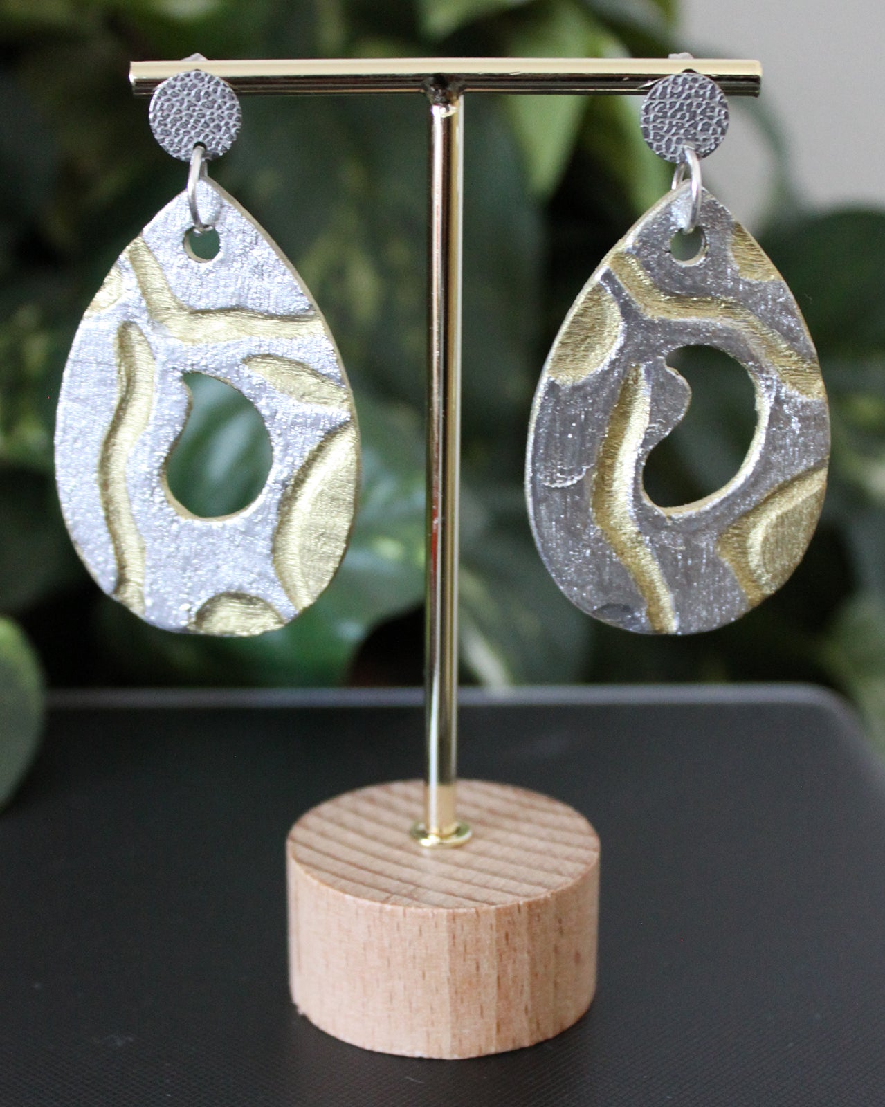 Rustic Gold Silver Carved Wood Teardrop Earrings