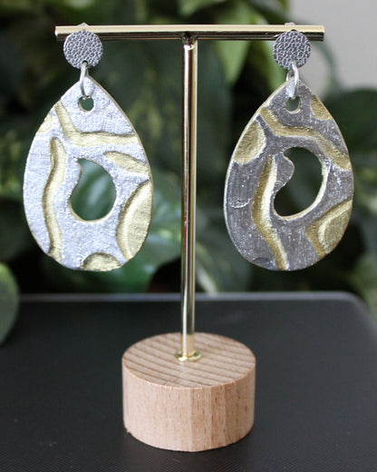 Rustic Gold Silver Carved Wood Teardrop Earrings