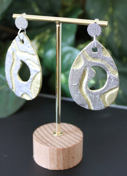 Rustic Gold Silver Carved Wood Teardrop Earrings