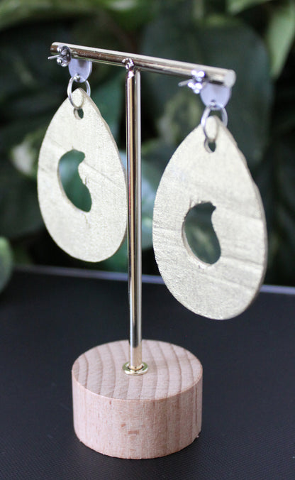 Rustic Gold Silver Carved Wood Teardrop Earrings