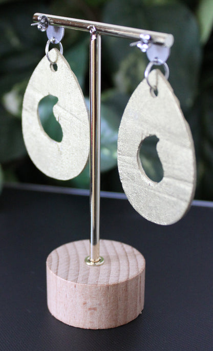 Rustic Gold Silver Carved Wood Teardrop Earrings