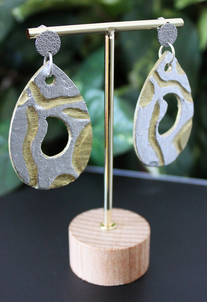 Rustic Gold Silver Carved Wood Teardrop Earrings