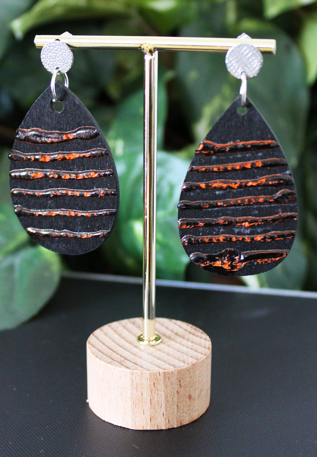 Textured Black and Orange Wood Teardrop Earrings