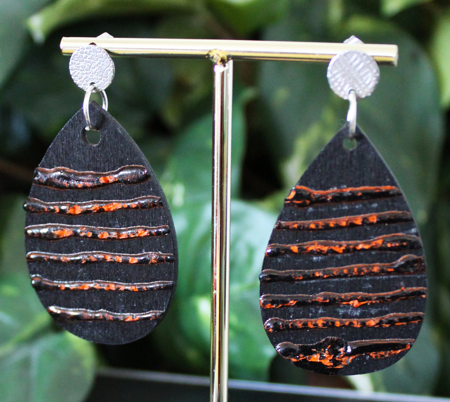 Textured Black and Orange Wood Teardrop Earrings