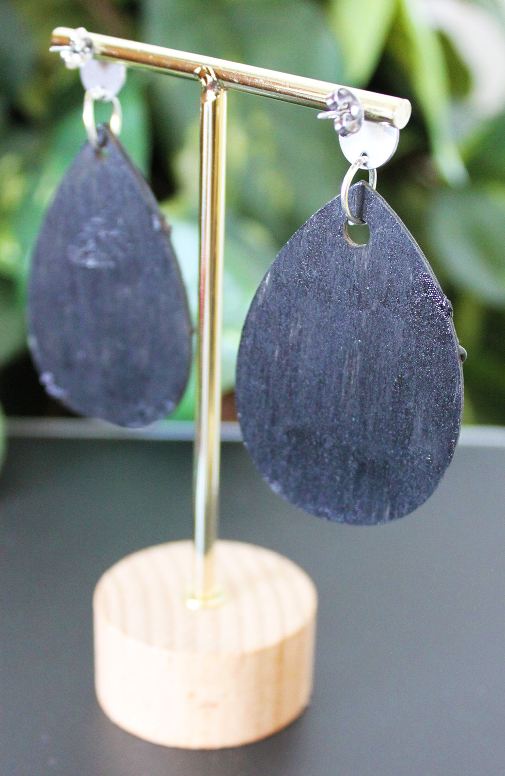 Textured Black and Orange Wood Teardrop Earrings