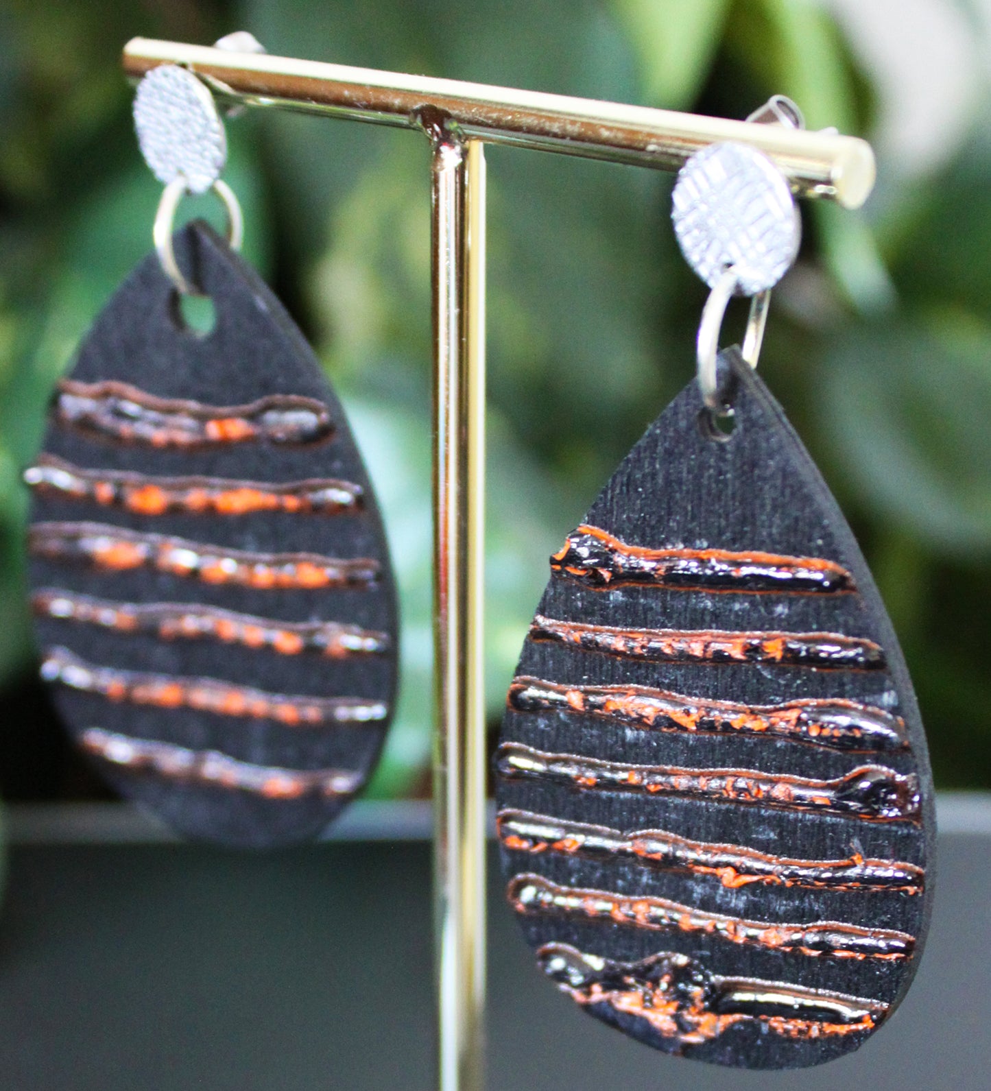 Textured Black and Orange Wood Teardrop Earrings