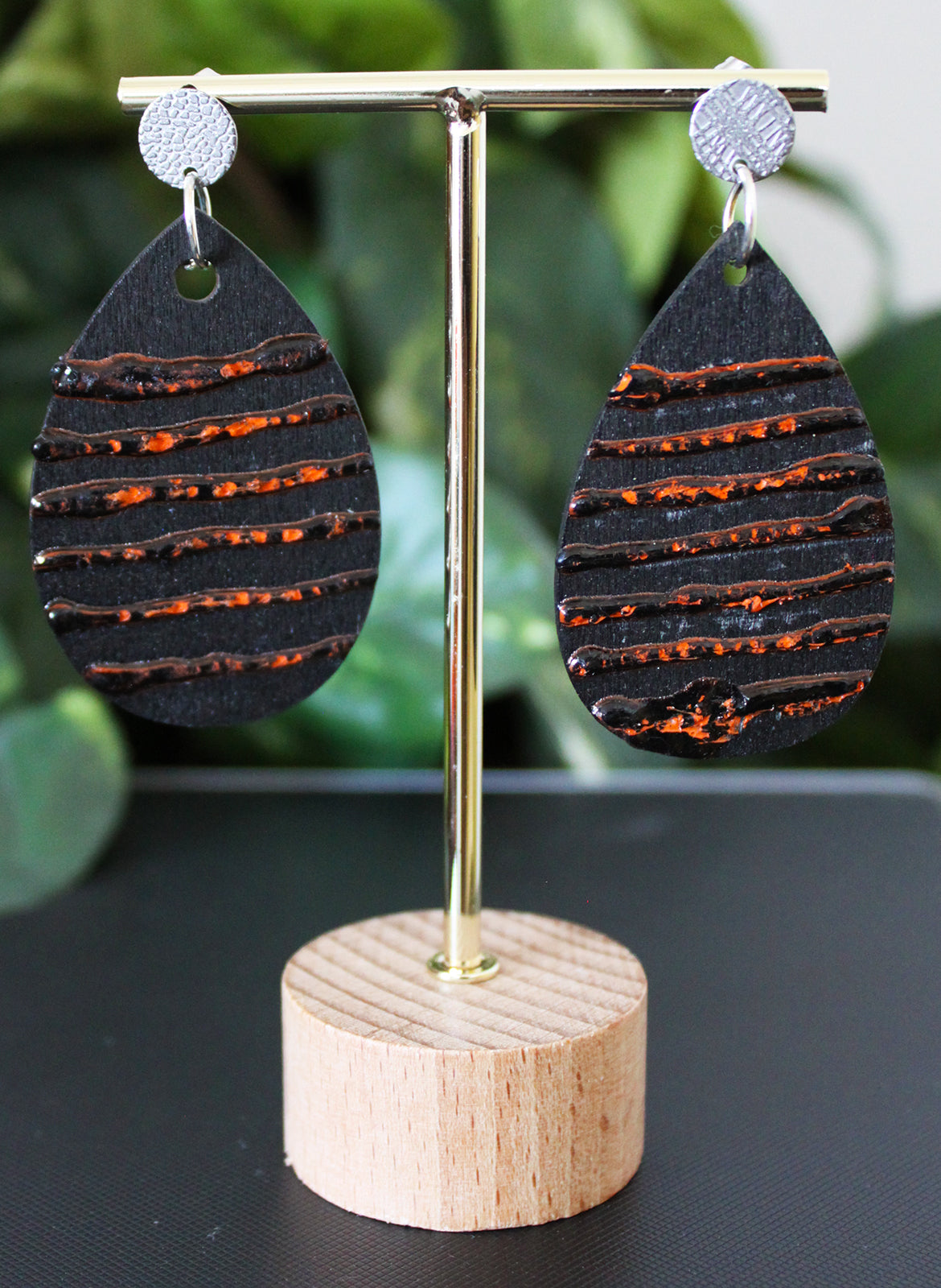 Textured Black and Orange Wood Teardrop Earrings