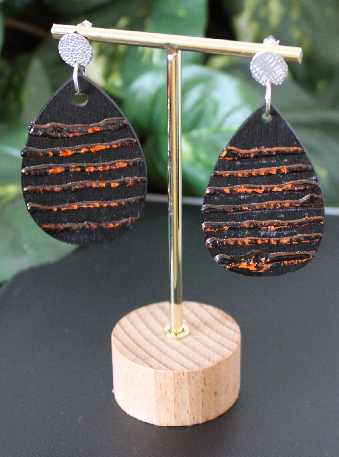 Textured Black and Orange Wood Teardrop Earrings