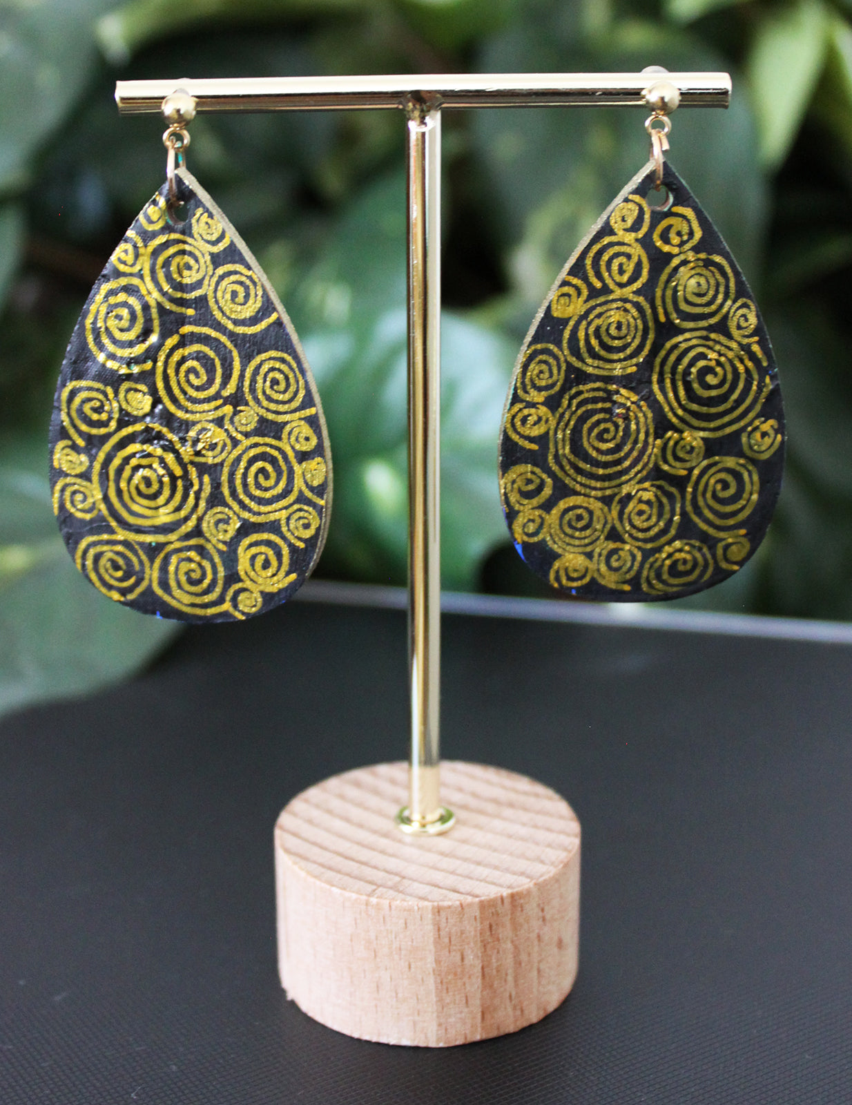 Rustic Gold Black Wood Teardrop Earrings