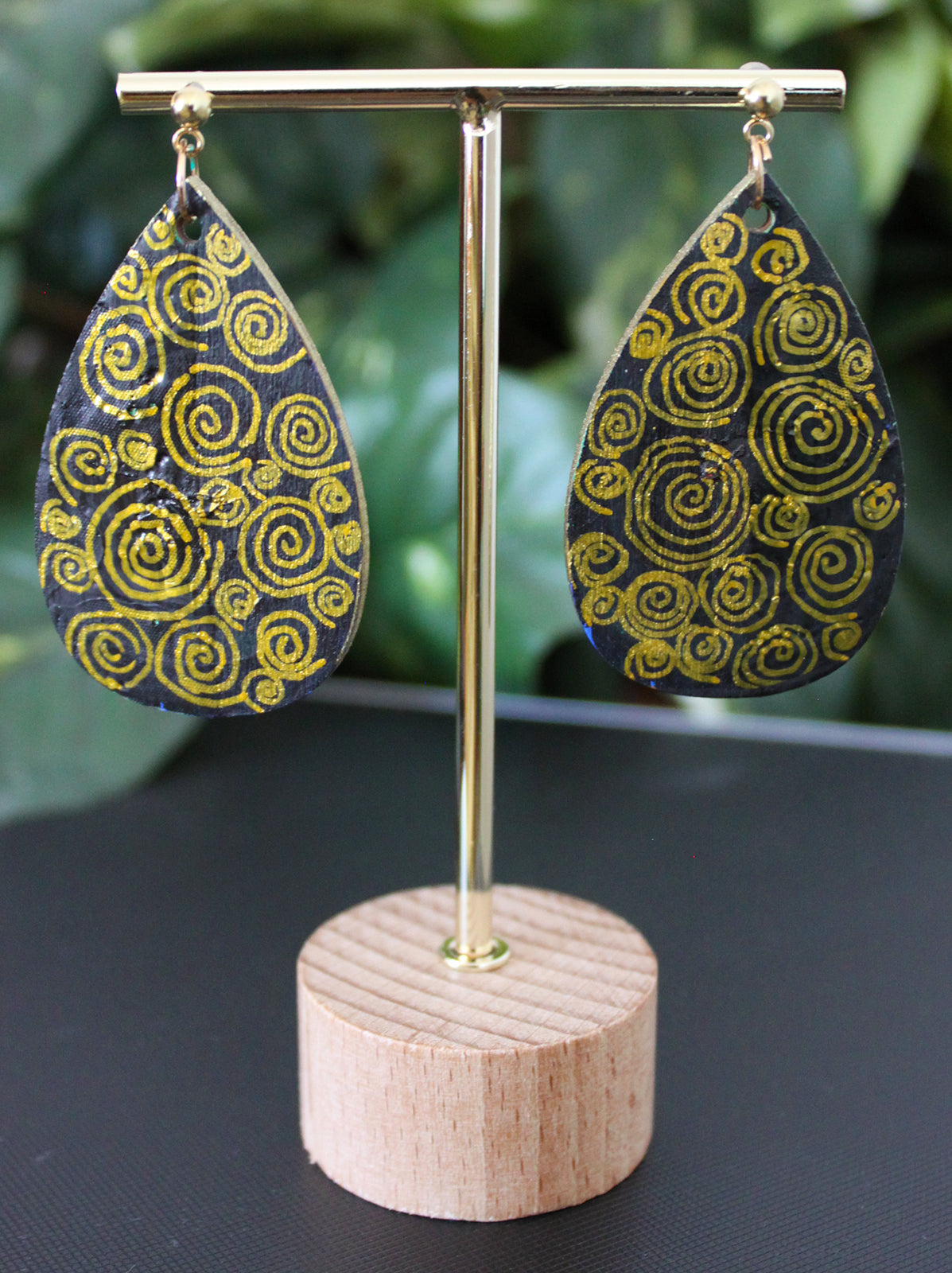 Rustic Gold Black Wood Teardrop Earrings