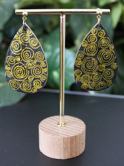 Rustic Gold Black Wood Teardrop Earrings